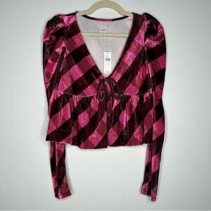 NWT Maeve Velvet Pink Maroon Plaid Puff Sleeve Top Low Cut Size Small